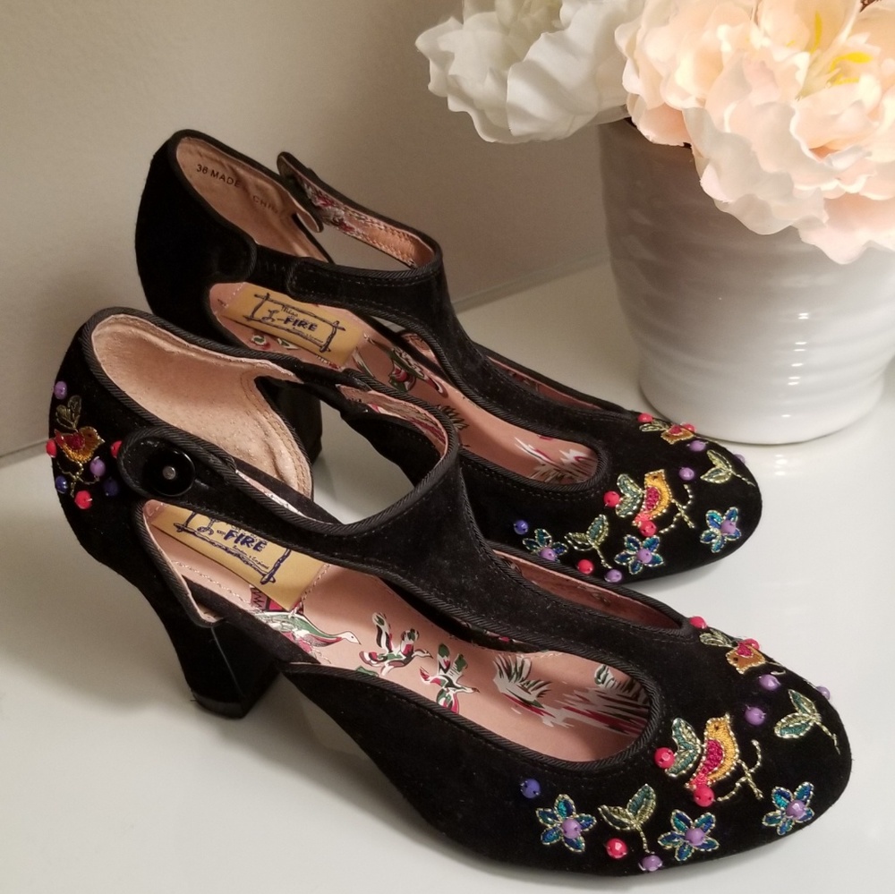 MISS L FIRE  BLACK SUEDE EMBROIDERED SHOE